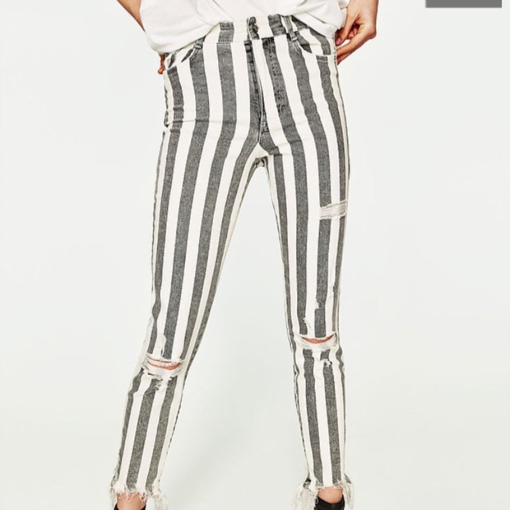 Zara Striped Distressed High Rise Jeans Raw Hem 2